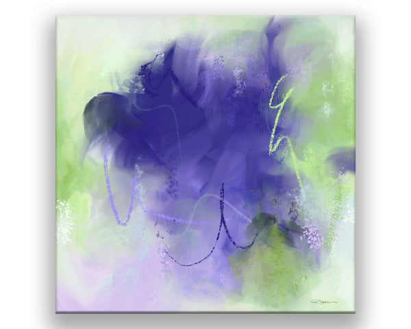 An abstract print filled with lavender hues and highlighted with soft meadow green. Small dots play across the surface.