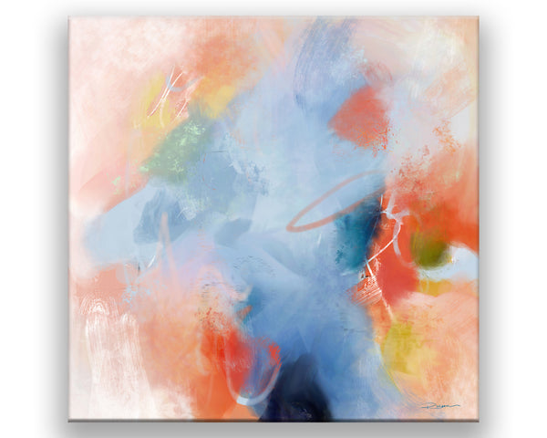 An abstract print filled with hues of blue contrasted with citrus orange shades. Added in is a dark navy and swirls of white.