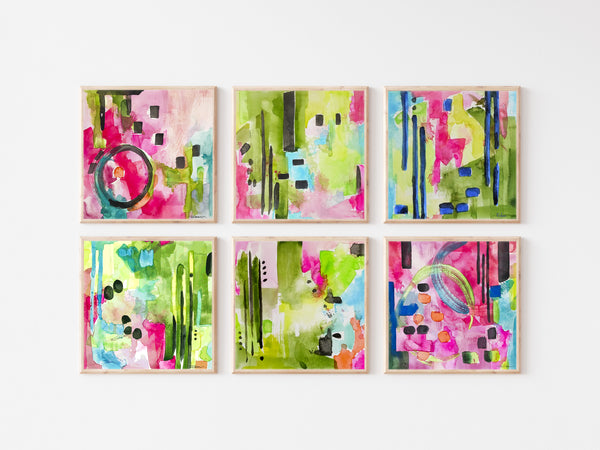 Flamingo Collection Green & Pink Abstract Art Prints for Gallery Wall-Set of 6