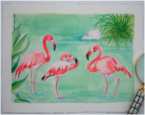 Bathing Beauties Flamingo Watercolor Original Art 14"x10"
