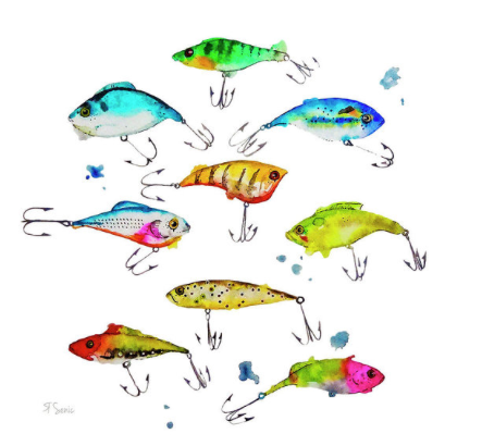 Fishing Lures Art Print of Watercolor Painting Wall Art