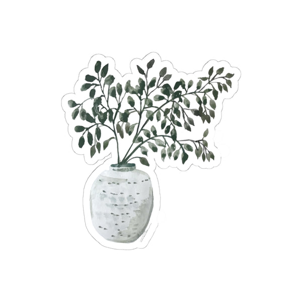 Botanical Vase Kiss-Cut Sticker — Watercolor Green Potted Plant Sticker for Laptops & Journals