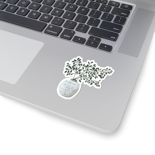 Botanical Vase Kiss-Cut Sticker — Watercolor Green Potted Plant Sticker for Laptops & Journals