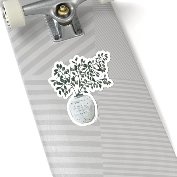 Botanical Vase Kiss-Cut Sticker — Watercolor Green Potted Plant Sticker for Laptops & Journals