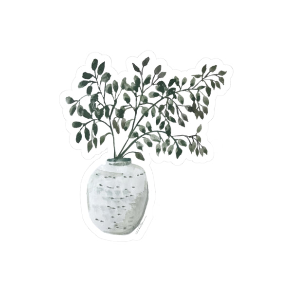 Botanical Vase Kiss-Cut Sticker — Watercolor Green Potted Plant Sticker for Laptops & Journals