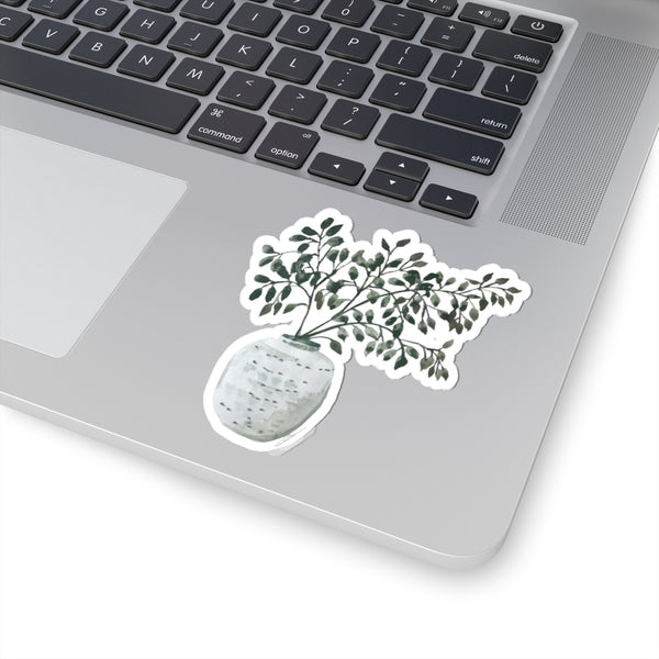 Botanical Vase Kiss-Cut Sticker — Watercolor Green Potted Plant Sticker for Laptops & Journals