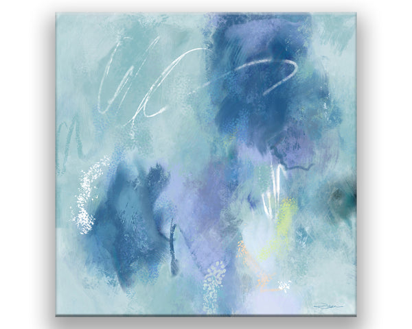 A canvas print filled with hues of light and chambray blues with white chalk etchings