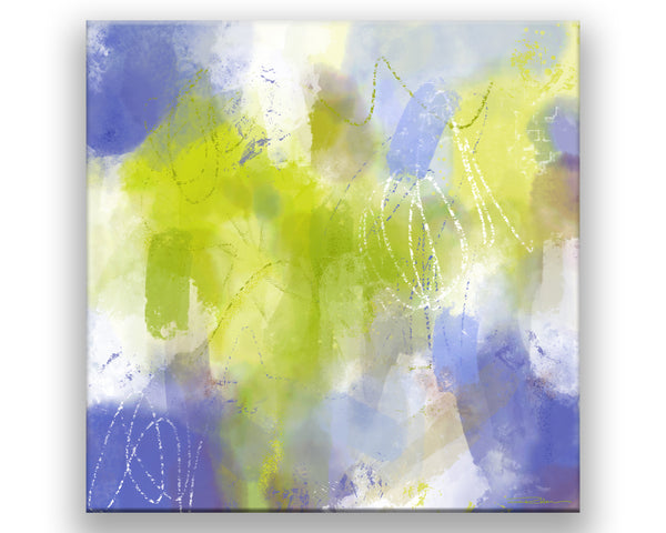 An abstract print filled with lavender hues and contrasted with lime green and white.