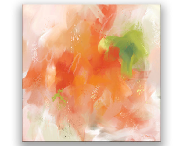 An abstract print filled with orange and tangerine hues, with shades of lime and white mixed in.