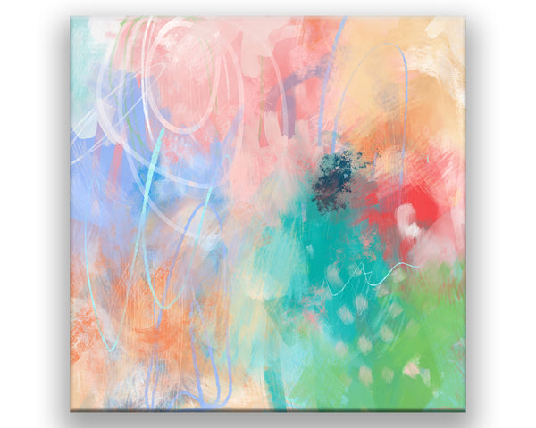 An abstract print filled whit pink, blue, aqua and lime. Swooshes of white and light blue are swirled in the the foreground.