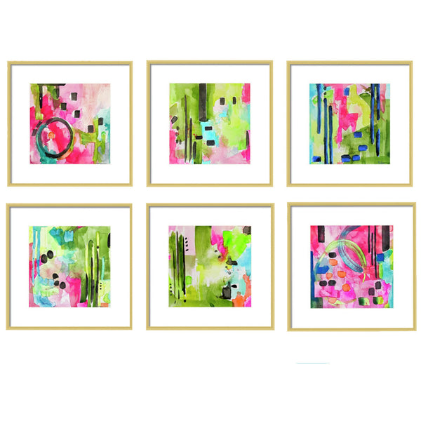 Flamingo Collection Green & Pink Abstract Art Prints for Gallery Wall-Set of 6