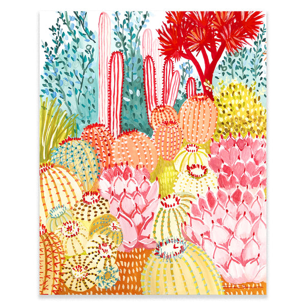 cactus print of barrel cactus and various cactus in sorbet colors