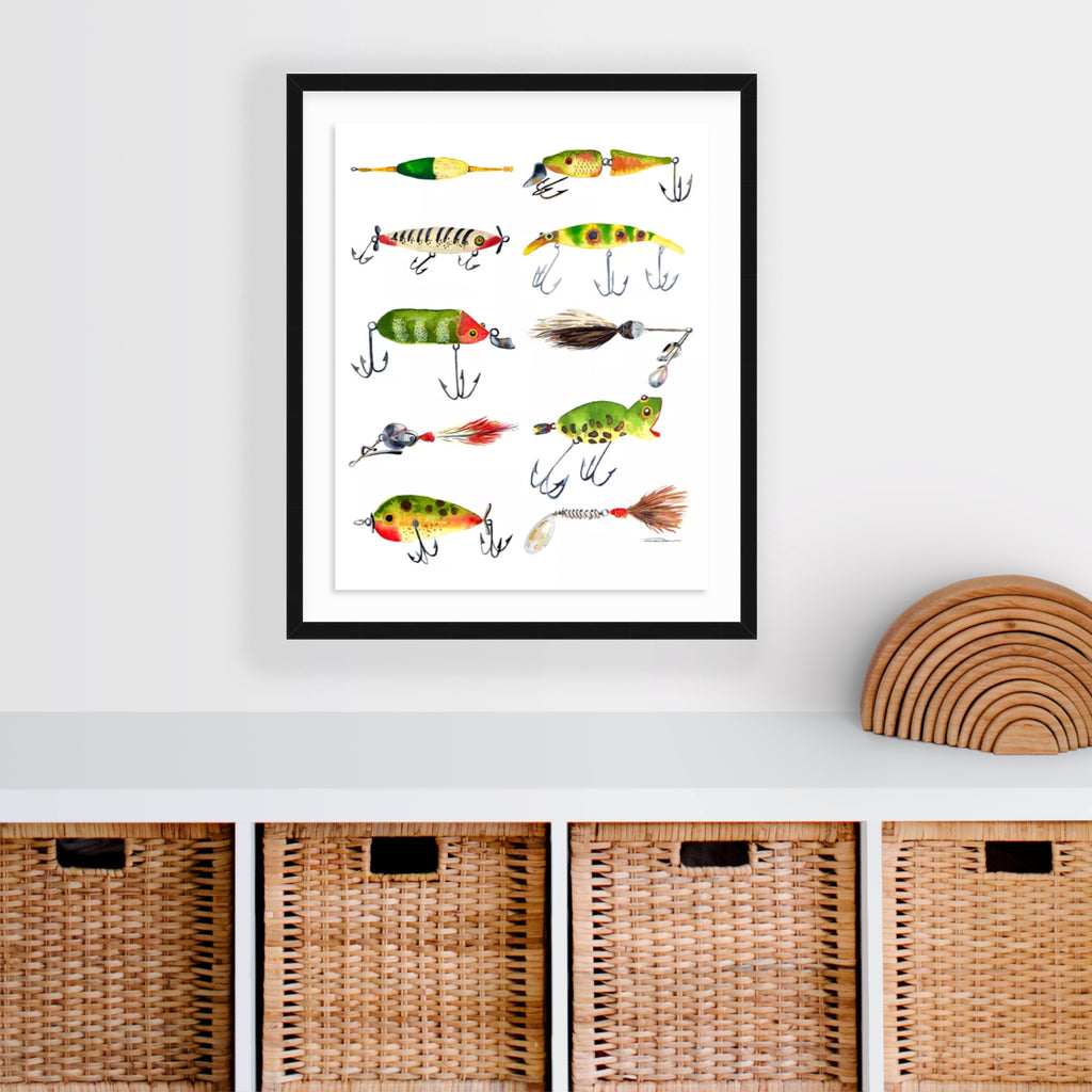 Vintage Fishing Lures Print Watercolor Print Wall Decor