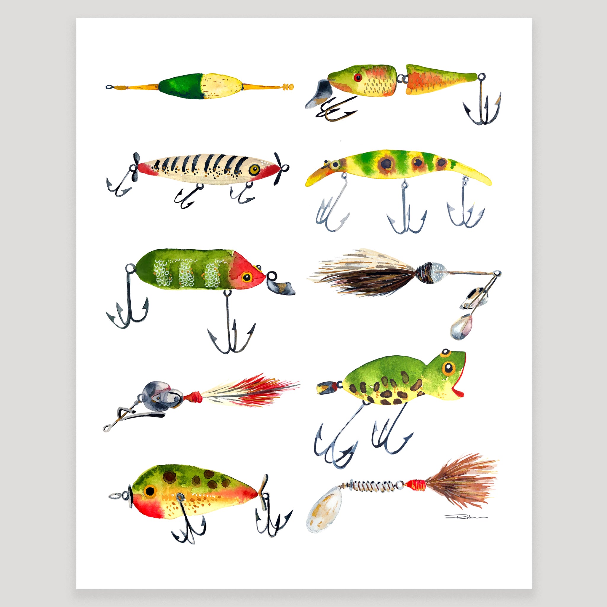 collectible fishing lure values Vintage Fishing Lures Print Watercolor Print Wall Decor – Limezinnias Design